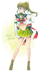  alternate_costume back_bow bad_id bad_pixiv_id bare_legs bishoujo_senshi_sailor_moon boots bow brown_hair character_name crop_top elbow_gloves female full_body gloves green_eyes green_footwear green_sailor_collar green_skirt hair_bobbles hair_ornament high_ponytail jupiter_symbol kino_makoto long_hair magical_girl midriff navel official_alternate_costume one_eye_closed pink_bow ponytail ribbon sailor_collar sailor_jupiter sailor_jupiter_(prototype) sailor_senshi_uniform saki_(hxaxcxk) shoes skirt smile solo standing white_gloves 