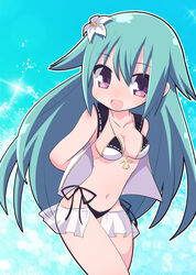  aqua_hair arms_behind_back bikini blush breasts chibi chibi_only commentary_request female flower hair_flower hair_ornament looking_at_viewer medium_breasts nagoya_(oshiro_project) osaragi_mitama oshiro_project:re smile solo swimsuit white_bikini 