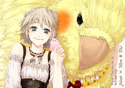  animal bad_id bad_pixiv_id bare_shoulders bird blonde_hair blue_eyes commentary_request dirndl dress fantasy female frills german_clothes hair_ornament holding jewelry moka_(choco_liliy) necklace oversized_animal painttool_sai_(medium) parrot pixiv_fantasia pixiv_fantasia_4 short_hair smile solo 