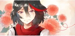  black_hair blue_eyes casual commentary crying crying_with_eyes_open female flower happy_tears hyde_(hai-do) kill_la_kill lowres matoi_ryuuko multicolored_hair peony_(flower) red_scarf scarf short_hair solo streaked_hair tears 