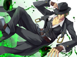  1boy blazblue commentary_request fedora fingerless_gloves gloves green_hair hat hat_over_one_eye hazama long_coat male_focus necktie one_eye_covered solo undone_necktie vest yellow_eyes zyano 