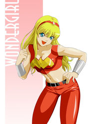  blonde_hair blue_eyes bracer bracers cassandra_sandsmark character_name chou-roninx crop_top dc_comics female hairband red_pants solo wonder_girl wonder_woman_(series) 