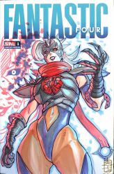  acecore2k armor black_gloves black_leotard black_sclera black_thighhighs brown_bodystocking clothing_cutout colored_sclera commentary copyright_logo cover_sketch cowboy_shot dark_persona english_commentary fantastic_four female gloves grin highleg highleg_leotard highres leotard logo long_hair looking_at_viewer malice_(sue_storm) marker_(medium) marvel marvel_rivals navel navel_cutout official_alternate_costume pauldrons pen_(medium) purple_lips red_eyes red_scarf scarf shoulder_armor smile solo spiked_pauldrons spikes sue_storm thighhighs traditional_media white_background white_hair 