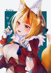  animal_ears blonde_hair brown_hair character_name commentary female fingerless_gloves fire_emblem fire_emblem_fates fox_ears fox_tail gloves hair_ornament japanese_clothes multicolored_hair nekolook open_mouth selkie_(fire_emblem) short_hair simple_background solo streaked_hair symbol-only_commentary tail upper_body white_gloves 