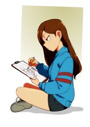  blue_eyes borrowed_character brown_hair clipboard commentary commission drawing from_side highres indian_style jcm2 lisa_loud long_hair original pencil profile shoes short_shorts shorts sitting sketching sneakers solo sweater the_loud_house 