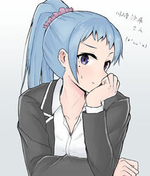  arm_rest black_jacket blue_eyes blue_hair blush character_name closed_mouth collarbone collared_shirt commentary_request dress_shirt female gradient_background grey_background hair_ornament hand_on_own_head head_rest high_ponytail highres jacket kawasaki_saki long_hair long_sleeves looking_at_viewer mole mole_under_eye ponytail school_uniform scrunchie shirt simple_background sobu_high_school_uniform solo sweatdrop toretate_saburou translated upper_body white_background white_shirt wing_collar yahari_ore_no_seishun_lovecome_wa_machigatteiru. 