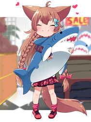  &gt;:) ^_^ animal_ears antenna_hair blue_bow blurry blurry_background blush bow braid brown_hair brown_shirt closed_eyes closed_mouth commentary depth_of_field diagonal_stripes dog_ears dog_girl dog_tail facing_viewer female full_body hair_ornament hairbow hairclip heart highres hugging_object ikea_shark long_hair long_sleeves makuran momiji_(makuran) original plaid plaid_skirt pleated_skirt polka_dot polka_dot_legwear red_bow red_footwear red_skirt red_socks shirt shoes short_eyebrows skirt sleeves_past_wrists smile socks solo split_mouth standing striped striped_bow stuffed_animal stuffed_shark stuffed_toy tail thick_eyebrows twin_braids v-shaped_eyebrows very_long_hair 