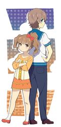  1boy back-to-back bandaid bandaid_on_knee bandaid_on_leg blue_eyes blue_pants blue_sailor_collar bow brown_eyes brown_hair casual commentary_request crossed_arms female hairbow hand_on_own_hip height_difference highres hisanuma_sayu isaki_kaname long_hair nagi_no_asukara nami_junior_high_school_uniform narumi_(masatoshi-0313) pants red_footwear sailor_collar school_uniform single_stripe standing twintails 