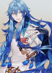  1boy blue_hair blue_nails bridal_gauntlets brown_eyes chrysanthemum_print commentary_request etia_(pixiv_fantasia_last_saga) feathers floral_print kotobuki_(medetai) long_hair looking_at_viewer male_focus nail_polish pixiv_fantasia pixiv_fantasia_last_saga simple_background smile solo standing tassel upper_body very_long_hair 