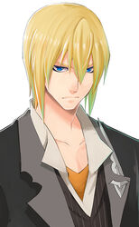  1boy blonde_hair blue_eyes coat commentary_request eizen_(tales) expressionless looking_at_viewer male_focus orange_shirt photoshop_(medium) shirt solo tales_of_(series) tales_of_berseria tktg upper_body white_background 