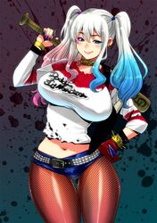  bat_(animal) blush breasts commentary_request cosplay dc_comics female grey_hair harley_quinn harley_quinn_(cosplay) huge_breasts kantai_collection kashima_(kancolle) looking_at_viewer multicolored_hair pantyhose perepere-kun shorts smile suicide_squad twintails white_hair 