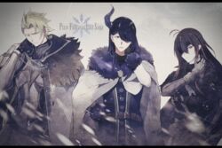  3boys armor bad_id bad_pixiv_id belt black_gloves black_hair blonde_hair blue_eyes cape commentary_request copyright_name eyepatch fur_trim gloves hair_over_one_eye hand_up horns long_sleeves male_focus multiple_boys murok_(pixiv_fantasia) pixiv_fantasia pixiv_fantasia_last_saga red_eyes rererenoren scratching_neck single_horn upper_body white_cape yellow_eyes 