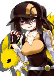  artist_self-insert bad_id bad_pixiv_id bags_under_eyes baseball_cap black_eyes black_hair breasts commentary_request cosplay female female_protagonist_(pokemon_go) female_protagonist_(pokemon_go)_(cosplay) hat holding holding_poke_ball jolteon large_breasts lipstick makeup poke_ball poke_ball_(basic) pokemon pokemon_(creature) pokemon_go watashi_ga_motenai_no_wa_dou_kangaetemo_omaera_ga_warui! zetsumame 