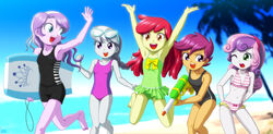  5girls apple_bloom_(mlp) bikini bodyboard diamond_tiara glasses multiple_girls my_little_pony my_little_pony_equestria_girls my_little_pony_friendship_is_magic personification scootaloo_(mlp) silver_spoon sweetie_belle_(mlp) swimsuit tagme uotapo water_gun 