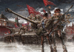  5girls :d aircraft airplane battle_standard caterpillar_tracks chinese_commentary commentary_request flag fur_trim gorget gun hammer_and_sickle hat is-2 kremlin kv-2 lena_tolubka long_hair mecha_musume military military_vehicle mixed-language_commentary moscow moscow_kremlin motor_vehicle multiple_girls natalia_borisova official_art open_mouth outdoors pantyhose panzer_waltz partial_commentary patriotism pink_hair ponytail red_square rifle russia russian_commentary russian_text serious smile snow snowing sophia_malinovskaya soviet soviet_flag state_historical_museum stu_dts suzanne_petrova tank thighhighs translated turret twintails vehicle_and_personification vehicle_focus war_flag weapon white_hair world_war_ii zoya_zhukova 