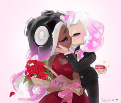  artist_name ava-riel blush bouquet buttons cleavage_cutout closed_eyes commentary crossdressing dark_skin domino_mask dress english_commentary face-to-face facing_another flower formal hand_on_another&#039;s_cheek hand_on_another&#039;s_face heart heart-shaped_buttons hime_(splatoon) holding holding_bouquet iida_(splatoon) kissing long_sleeves mask multiple_girls pinstripe_suit red_dress red_flower red_rose rose sleeveless sleeveless_dress smile sparkle splatoon_(series) splatoon_2 striped suit tentacle_hair tuxedo valentine yuri 