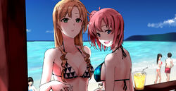  2girls back bare_shoulders bikini blonde_hair blue_eyes blurry blurry_background blush bra breasts checkered_bra checkered_clothes cleavage cloud collarbone commentary_request cup disposable_cup drink drinking_straw gimp_(medium) green_eyes hair_ornament highres holding isaki_note long_hair looking_at_viewer looking_to_the_side medium_breasts miura_yumiko mountainous_horizon multiple_girls ocean open_mouth outdoors pink_hair shaded_face shadow short_hair sideboob sky summer sunlight sweat swimsuit underwear upper_body waves yahari_ore_no_seishun_lovecome_wa_machigatteiru. yuigahama_yui 