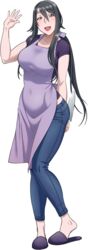  apron black_eyes black_hair breasts denim female full_body highres jeans kjech knife large_breasts long_hair mature_female official_art pants ponytail ryoba_aishi slippers smile solo transparent_background waving yandere_simulator 