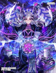  aura blue_theme chinese_clothes code_of_joker commentary_request copyright_name female floating_hair long_hair long_sleeves looking_at_viewer red_eyes shutsuri sleeves_past_wrists smile solo standing tassel very_long_hair watermark white_hair wide_sleeves 