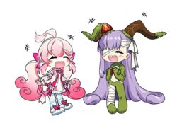  2girls angellyuna blush chibi cloud_hair commentary_request crossover elsword fate/extra fate/extra_ccc fate/grand_order fate_(series) fluffy kingprotea_(fate) kingprotea_(second_ascension)_(fate) laby_(elsword) lolicon long_hair low_twintails multiple_girls radiant_soul_(elsword) sharp_teeth simple_background smile teeth twintails white_background 