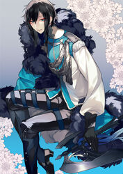  1boy axe black_footwear black_gloves black_hair blue_background blue_eyes commentary_request floral_background fur_scarf gloves gradient_background grey_background holding holding_axe kotobuki_(medetai) looking_at_viewer ludvica_(pixiv_fantasia_last_saga) male_focus neck_tattoo pants pixiv_fantasia pixiv_fantasia_last_saga sitting solo tattoo 