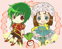  2girls :d androgynous aqua_dress aqua_thighhighs asellus_(saga_frontier) bare_shoulders blush breasts brown_hair chibi collarbone commentary_request curly_hair dress elbow_gloves eyelashes flower food formal frills fruit fruit_background full_body gloves green_eyes green_hair hair_flower hair_ornament hama_(fadge-candy) hand_on_own_hip hand_to_own_mouth headdress holding holding_sword holding_weapon juliet_sleeves light_smile long_hair long_sleeves looking_at_viewer medium_breasts multiple_girls off-shoulder_dress off_shoulder open_mouth pink_gloves polka_dot polka_dot_background princess_white_rose puff_and_slash_sleeves puffy_short_sleeves puffy_sleeves red_eyes rose saga saga_frontier short_dress short_hair short_sleeves shorts single_glove skirt_hold small_breasts smile standing strawberry strawberry_background sword thighhighs turnip weapon white_flower white_rose yellow_gloves yellow_sleeves 