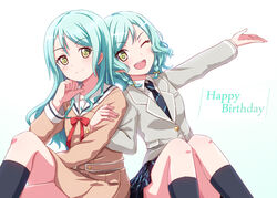  2girls ;d aqua_hair arm_grab bang_dream! black_necktie black_socks blazer blue_skirt blush bow bowtie braid brown_dress buttons collared_shirt commentary_request double-breasted dress grey_jacket hanasakigawa_school_uniform haneoka_school_uniform happy_birthday hikawa_hina hikawa_sayo jacket long_hair long_sleeves looking_at_viewer multiple_girls neck_ribbon necktie one_eye_closed open_mouth outstretched_arm plaid plaid_skirt pleated_skirt pochita_(pochitaiko) pointing pointing_at_self red_bow red_bowtie ribbon sailor_dress school_uniform shirt short_hair siblings side_braids sisters skirt smile socks striped striped_necktie twins 