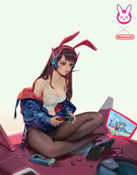  absurdres animal_ear_headphones animal_ears beige_background blue_jacket box breasts brown_eyes brown_hair brown_pantyhose cartridge chen_hg cleavage collarbone commentary controller copyright_name covered_nipples crossed_legs d.va_(overwatch) emblem facepaint facial_mark fake_animal_ears female fine_fabric_emphasis fingernails food food_in_mouth full_body furrowed_brow game_console game_controller gradient_background green_background guardian_(zelda) headphones highres holding indian_style indoors jacket link logo long_hair long_sleeves mecha medium_breasts meka_(overwatch) midriff mouth_hold nail_polish nintendo_switch nose off_shoulder overwatch overwatch_1 panties panties_under_pantyhose pantyhose pink_lips pink_nails pink_panties playing_games pocky rabbit_ear_headphones rabbit_ears robot shirt sitting sitting_on_mecha sleeveless sleeveless_shirt solo strap_gap strap_slip swept_bangs tank_top the_legend_of_zelda the_legend_of_zelda:_breath_of_the_wild thighband_pantyhose underwear whisker_markings white_shirt 