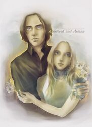  1boy aberforth_dumbledore ariana_dumbledore black_shirt blonde_hair blue_eyes brother_and_sister brown_hair collared_shirt daisy family female flower harry_potter siblings witch wizard 