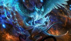  2019 claws detailed_background digital_media_(artwork) dragon duo feathered_dragon feathered_scalie feathered_wings feathers feral glowing glowing_eyes glowing_markings hasbro hi_res horn isvoc magic:_the_gathering markings membrane_(anatomy) membranous_wings mythological_creature mythological_scalie mythology nicol_bolas open_mouth scalie tail teeth tongue ugin wings wizards_of_the_coast 