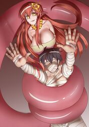  1boy 2018 bandages black_hair blank_eyes breasts coil commentary covered_mouth egyptian egyptian_clothes elakan eyelashes female gold gold_necklace grabbing grabbing_from_behind hair_ornament halloween_costume highres jewelry kurusu_kimihito lamia large_breasts long_hair looking_at_viewer miia_(monster_musume) monster_girl monster_musume_no_iru_nichijou mummy_costume necklace pointy_ears red_hair scales slit_pupils snake_bondage tongue very_long_hair wrapped_up yellow_eyes 