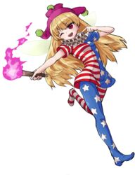  absurdres american_flag_dress american_flag_legwear bad_id bad_pixiv_id blonde_hair clownpiece commentary_request dress fairy fairy_wings female frilled_shirt_collar frills full_body hat highres jester_cap long_hair neck_ruff nob1109 one_eye_closed open_mouth pantyhose pink_eyes print_pantyhose short_dress short_sleeves simple_background solo star_(symbol) star_print striped_clothes striped_dress striped_pantyhose torch touhou very_long_hair white_background wings 