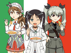  3girls anchovy_(girls_und_panzer) anzio_military_uniform belt black_hair black_shirt blouse blue_panties bowl brown_eyes brown_hair choker commentary commentary_request country_connection cowboy_shot detached_sleeves dress_shirt drill_hair flag_background food fork francesca_lucchini girls_und_panzer green_eyes green_hair grey_jacket grey_pants hair_ribbon highres holding holding_food holding_pizza holding_riding_crop hoshino_banchou italian_flag italy jacket kantai_collection littorio_(kancolle) long_hair long_sleeves looking_at_viewer military military_uniform miniskirt multiple_girls necktie no_pants no_pupils one_eye_closed open_mouth panties pants parted_lips partial_commentary pasta photoshop_(medium) pizza pleated_skirt red_eyes red_skirt ribbon riding_crop risotto sam_browne_belt shirt side-by-side skirt sleeveless smile spoon standing strike_witches striped_clothes striped_panties trait_connection twin_drills twintails underwear uniform white_jacket white_shirt world_witches_series 