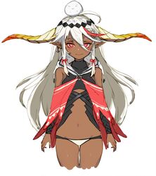  bare_shoulders breasts bright_pupils closed_mouth commentary_request cowboy_shot creature cropped_legs detached_sleeves ear_piercing earrings female hair_between_eyes highres horns jewelry kumonji_aruto legs_together long_hair long_sleeves looking_at_viewer navel original panties piercing red_eyes simple_background small_breasts smile solo standing thigh_gap underwear white_background white_hair white_panties 