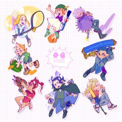  alfyn_greengrass blonde_hair bomb_rush_(splatoon) borketto bracelet braid brown_hair bubble_blower_(splatoon) cape cloak closed_eyes commentary cyrus_albright dancer dress dualie_squelcher_(splatoon) dynamo_roller_(splatoon) fangs fringe_trim gloves green_eyes h&#039;aanit_(octopath_traveler) hair_between_eyes hair_over_one_eye hat highres inkbrush_(splatoon) inkling inkling_player_character jewelry long_hair looking_at_viewer mole mole_under_mouth multiple_boys multiple_girls n-zap_(splatoon) necklace octoling octoling_girl octoling_player_character octopath_traveler octopath_traveler_i olberic_eisenberg open_mouth ophilia_clement ponytail primrose_azelhart scarf short_hair sidelocks simple_background smile splat_bomb_(splatoon) splat_charger_(splatoon) splatoon_(series) symbol-only_commentary tentacle_hair therion_(octopath_traveler) tressa_colzione tri-slosher_(splatoon) weapon white_hair 