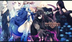  3boys 3girls arm_at_side bad_id bad_pixiv_id black_cape black_hair black_nails black_pants blue_flower blue_gloves blue_hair blue_spider_lily breasts cape claws cleavage commentary_request copyright_name elbow_gloves etia_(pixiv_fantasia_last_saga) facepaint flower gloves hair_over_one_eye hand_on_own_hip hat head_wings letterboxed long_hair magic multiple_boys multiple_girls murok_(pixiv_fantasia) nail_polish outstretched_arm pants pixiv_fantasia pixiv_fantasia_last_saga pointy_ears primnell red_eyes rererenoren spider_lily standing very_long_hair white_hair wings yellow_eyes 