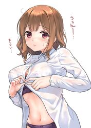  blush bow bow_panties bra breasts brown_hair buttoning collared_shirt commentary_request dressing embarrassed female fukuroumori highres large_breasts long_sleeves looking_at_viewer navel nose_blush original panties pink_eyes purple_bra purple_panties shirt short_hair simple_background solo sweatdrop translation_request underwear upper_body white_background white_shirt wing_collar 