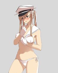  bikini blonde_hair blue_eyes breasts commentary_request cosplay covered_nipples eight_tohyama female gloves graf_zeppelin_(kancolle) hat highres kantai_collection long_hair peaked_cap sailor_bikini sailor_collar swimsuit twintails white_bikini z3_max_schultz_(kancolle) z3_max_schultz_(kancolle)_(cosplay) z3_max_schultz_(swimsuit_mode)_(kancolle) 