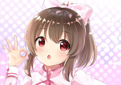  blush bow breasts brown_hair chestnut_mouth commentary_request cuff_links eyes_visible_through_hair female hairbow hand_on_own_hip hand_up high_collar high_ponytail highres hori_yuko idol idolmaster idolmaster_cinderella_girls jacket kira!_mankai_smile_(idolmaster) large_bow long_sleeves looking_at_viewer medium_breasts medium_hair ok_sign open_mouth pink_bow pink_jacket portrait raised_eyebrows red_eyes sidelocks sleeve_cuffs solo sora_(silent_square) tareme 