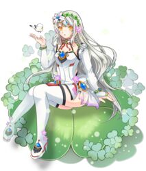  absurdres bird braid clover code:_electra_(elsword) collarbone commentary_request elsword eve_(elsword) facial_mark female flower forehead_jewel gem hair_flower hair_ornament head_wreath highres holy1075 long_hair ribbon 