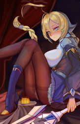  :&lt; ahoge bad_id black_pantyhose blazblue blazblue:_central_fiction blonde_hair blue_eyes blue_footwear blue_skirt blush boots braid breasts closed_mouth crotch_seam curtains es_(xblaze) expressionless female food frilled_skirt frills godsh0t high_heel_boots high_heels highres holding holding_sword holding_weapon huge_ahoge long_hair long_sleeves medium_breasts panties panties_under_pantyhose pantyhose photoshop_(medium) plate pudding single_braid skirt solo spoon sword thighband_pantyhose underbust underwear unsheathed very_long_hair weapon white_panties xblaze 