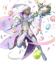  1boy animal_ears bruno_(spring)_(fire_emblem) cape dark_skin egg fire_emblem fire_emblem_heroes flower full_body gloves grey_hair highres leaf male_focus mask mysterious_man_(fire_emblem) official_alternate_costume official_art p-nekor rabbit_ears solo teeth transparent_background 