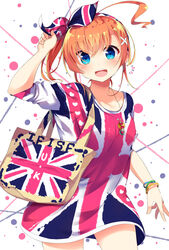  :d ahoge arm_up bad_id bad_pixiv_id bag blue_eyes blush bracelet collarbone cowboy_shot dress female flag_dress flag_print hair_ornament hair_ribbon heart heart_print jewelry looking_at_viewer necklace open_mouth orange_hair original print_bag print_dress print_ribbon ribbon sasahara_wakaba short_dress short_hair shoulder_bag side_ponytail sleeves_rolled_up smile solo standing teeth union_jack x_hair_ornament 