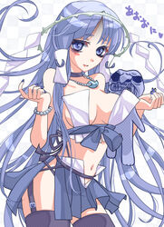  ao_oni blockman_oni_(ao_oni) blue_eyes blue_hair blush_stickers bracelet breasts cameo checkered_background commentary_request fangs female genderswap_(mtf) hair_ornament hair_tubes highres jewelry long_hair looking_at_viewer magatama midriff nail_polish navel necklace pearl_bracelet pearl_necklace personification rule_63 sidelocks solo stuffed_toy tawamuri_ori the_oni_(ao_oni) very_long_hair 