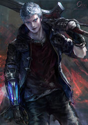  1boy artist_name blue_eyes blue_jacket blurry blurry_background commentary devil_breaker devil_may_cry_(series) devil_may_cry_5 fingerless_gloves gloves glowing grey_hair highres hood hood_down hooded_jacket jacket jewelry male_focus mechanical_arms necklace nero_(devil_may_cry) open_clothes open_jacket oreki_genya over_shoulder parted_lips photoshop_(medium) prosthesis prosthetic_hand red_queen_(sword) shirt short_hair single_glove single_mechanical_arm smile solo standing sword torn_clothes torn_shirt very_short_hair weapon weapon_over_shoulder 