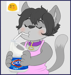  anthro avoid_posting bleach_(object) blush bottle clorox clothed clothing collar container digital_media_(artwork) dipstick_tail domestic_cat drinking drinking_bleach emoji felid feline felis fur grey_body grey_fur grey_hair hair heart_symbol holding_bottle holding_container holding_object male mammal markings multicolored_tail owo raised_tail shirt short_hair solo straw_(disambiguation) tacoyaki tacoyaki_(character) tail tail_markings tank_top topwear 