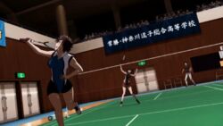  2girls animated aragaki_nagisa badminton black_hair bouncing_breasts breasts brown_eyes brown_hair hanebado! holding ishizawa_nozomi large_breasts multiple_girls muscle muscle_growth muscular_female racket red_eyes short_hair smash spiky_hair sport sweat veins veiny 