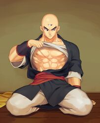  1boy arm_support bad_id bad_pixiv_id bald bara dragon_ball looking_to_the_side male_focus manly muscular muscular_male nipples pectorals scar seiza shiwashiwa_no_kinchakubukuru sitting solo tenshinhan third_eye wooden_floor 