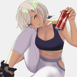  black_sports_bra breasts can cleavage coca-cola commentary female girls&#039;_frontline hair_ornament hair_ribbon hairclip highres m590_(girls&#039;_frontline) navel photoshop_(medium) ribbon shoes sneakers soda solo spandex sports_bra symbol-only_commentary tan white_background white_hair yellow_eyes yitiao_er-hua 