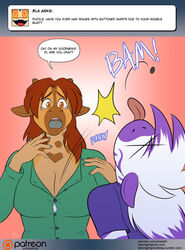  accident amber_eyes anthro ask_blog big_breasts bodily_fluids breasts cleavage clothed clothing conditional_dnp dialogue dialogue_box diamond_(kadath) digital_media_(artwork) duo english_text equid equine female fur giraffe giraffid hair horn humor kadath mammal ossicone patreon patreon_logo purple_stripes puzzle_(kadath) signature speech_bubble stripes tears text tongue tumblr url user_avatar website_logo zebra 